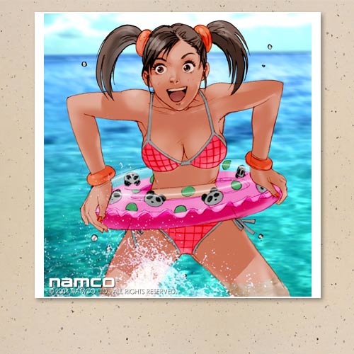 00s 1girl 2004 bangle bikini black_hair bracelet breasts brown_hair innertube jewelry kawano_takuji ling_xiaoyu lowres namco ocean official_art open_mouth pink_bikini short_twintails side-tie_bikini solo swimsuit tekken twintails