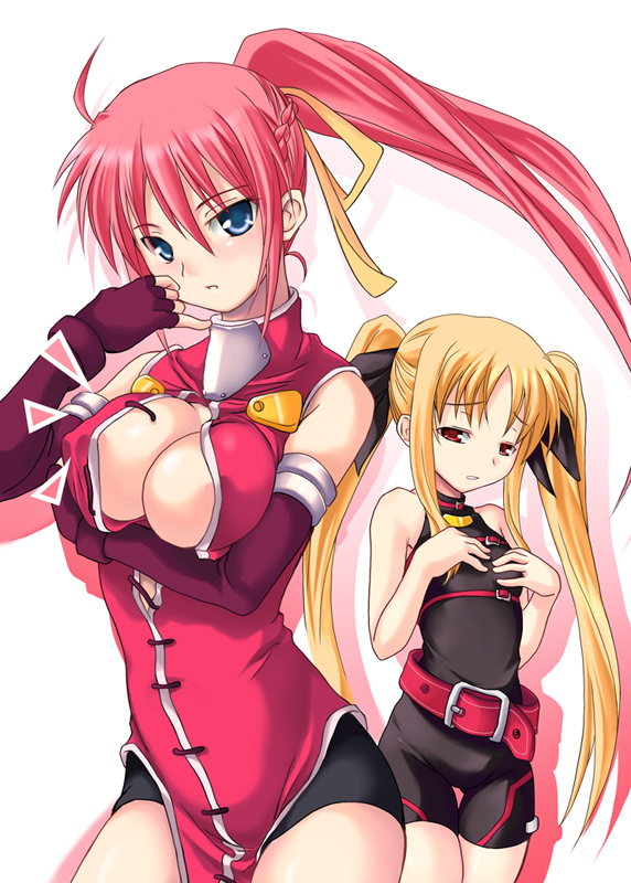 2girls age_difference blonde_hair breast_envy breasts cleavage fate_testarossa hands_on_breasts large_breasts lyrical_nanoha mahou_shoujo_lyrical_nanoha mahou_shoujo_lyrical_nanoha_a's multiple_girls signum skin_tight small_breasts soba_(saz) yukizuki_chikuba