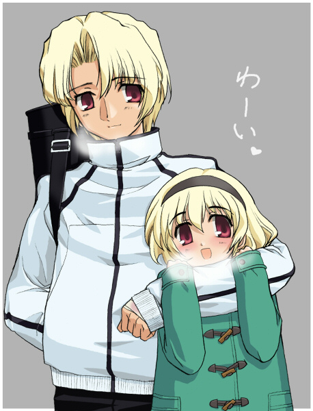 1boy 1girl age_difference blonde_hair breath brother_and_sister child higurashi_no_naku_koro_ni houjou_satoko houjou_satoshi siblings