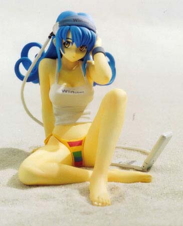 1girl away barefoot bikini blue_hair bottomless breasts brown_eyes cleavage computer figure headphones laptop listening_to_music long_hair looking lowres no_pants os-tan photo sitting solo spread_legs swimsuit winchan wristband