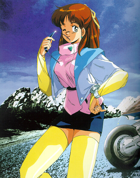 1girl 80s ;p anice_farm bangs blush borgman bridal_gauntlets chouon_senshi_borgman earrings fingernails glint ground_vehicle hair_ribbon half_updo hand_on_hip holding jacket jewelry long_fingernails long_hair looking_at_viewer miniskirt motor_vehicle motorcycle mountain oldschool one_eye_closed open_clothes open_jacket outdoors parted_bangs pencil_skirt photo_background redhead ribbon road shirt short_sleeves skirt sky solo standing sunglasses sunglasses_removed thigh-highs tongue tongue_out turtleneck vehicle wink yellow_legwear zettai_ryouiki