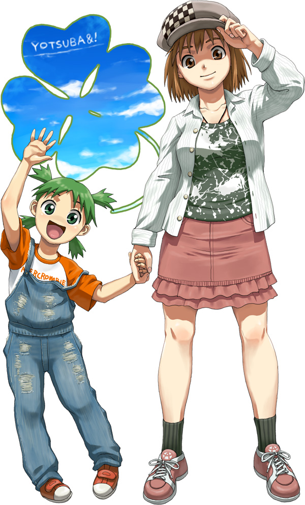 2girls ayase_fuuka brown_eyes brown_hair cabbie_hat child eyebrows green_eyes green_hair hand_holding hat koiwai_yotsuba multiple_girls nigou overalls quad_tails raglan_sleeves short_hair skirt strap_slip thick_eyebrows yotsubato!