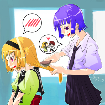 1boy alternate_hairstyle blonde_hair douke_(clownchamber) furude_rika hair_brush hair_brushing hairdressing higurashi_no_naku_koro_ni houjou_satoko lowres maebara_keiichi older teenage