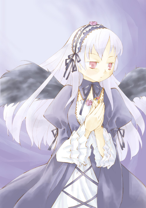 00s 1girl black_dress black_wings detached_collar dress frilled_sleeves frills gem hairband jewelry lolita_hairband long_hair long_sleeves pink_eyes purple_background ring rozen_maiden silver_hair simple_background solo suigintou takano_natsuki upper_body very_long_hair wings