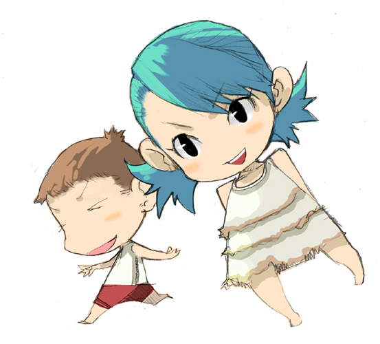 aqua_hair black_eyes brown_hair chibi dress enami_katsumi grin running smile