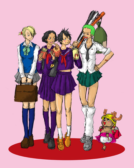 4girls black_hair blonde_hair cosplay crossdressinging eating french_fries genderswap genderswap_(mtf) green_hair hair_over_one_eye hat leg_warmers luffyko monkey_d_luffy multiple_girls necktie one_piece pleated_skirt reindeer roronoa_zoro sanji school_uniform serafuku shirt short_hair skirt sword tony_tony_chopper usopp weapon what white_shirt