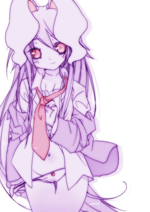 1girl animal_ears blazer bottomless bow bow_panties dress_shirt female kurudaz long_hair monochrome necktie no_pants open_clothes open_shirt panties panty_pull rabbit_ears reisen_udongein_inaba shirt solo spot_color thigh_gap thighs touhou underwear undressing very_long_hair white_background