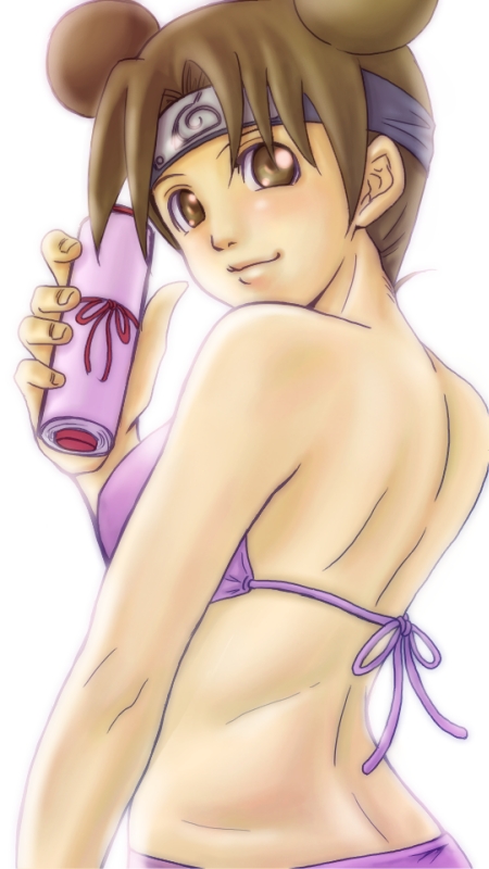 1girl back bad_id bikini brown_eyes brown_hair double_bun from_behind headband holding looking_back naruto scroll short_hair simple_background smile solo swimsuit tenten yuriasu