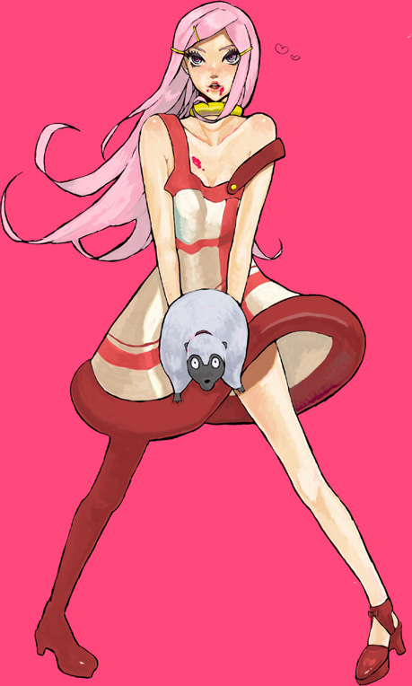 1girl :o anemone_(eureka_seven) animal bare_shoulders blood blood_on_face collarbone eureka_seven eureka_seven_(series) full_body gulliver heart high_heels holding jewelry neck_ring off_shoulder open_mouth pink_background pink_eyes pink_hair simple_background solo teeth