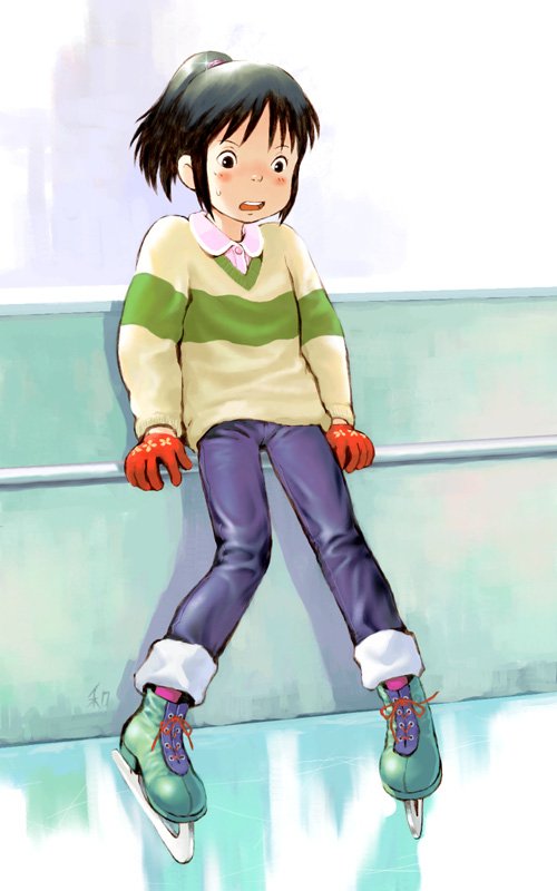 00s 1girl black_eyes black_hair child denim gloves ice ice_skates ice_skating jeans ogino_chihiro pants ponytail red_gloves sen_to_chihiro_no_kamikakushi signature sitting skates skating solo studio_ghibli sweater