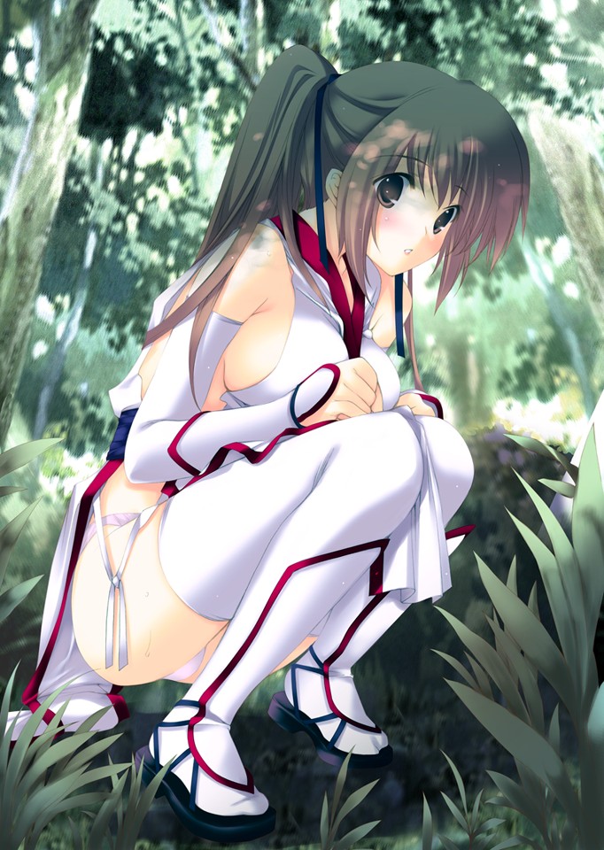 1girl bare_shoulders blush breasts brown_eyes brown_hair dead_or_alive elbow_gloves expressionless forest geta gloves grass hair_ribbon iizuki_tasuku kasumi_(doa) large_breasts long_hair looking_at_viewer nature outdoors pelvic_curtain ponytail ribbon sash sideboob solo squatting tecmo thigh-highs white_gloves white_legwear