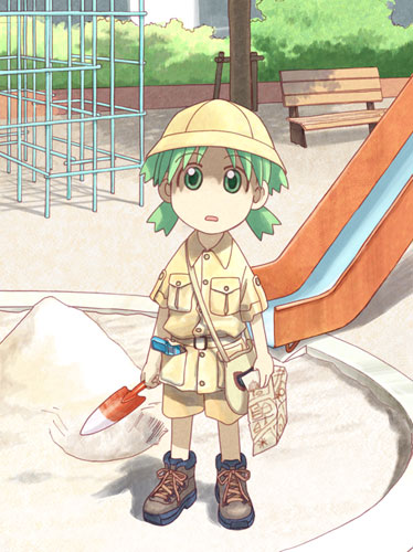 1girl azuma_kiyohiko bench child koiwai_yotsuba lowres map outdoors playground quad_tails sandbox shorts slide solo yotsubato!