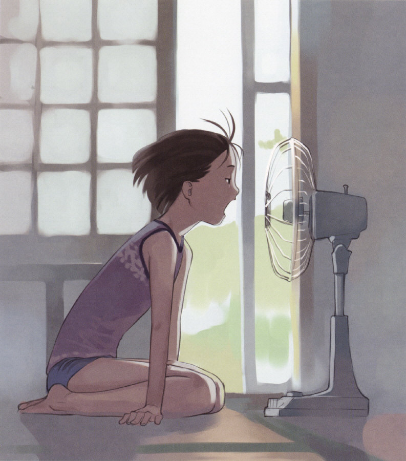 1girl electric_fan fanning_face fanning_self solo summer takamichi talking_into_fan