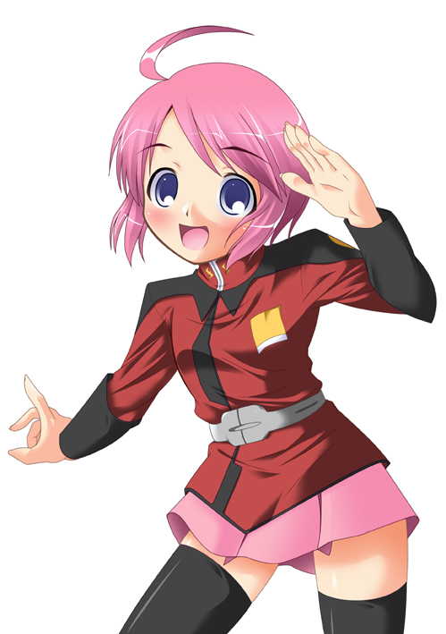 00s ahoge blue_eyes chibi gundam gundam_seed gundam_seed_destiny lunamaria_hawke military military_uniform miniskirt pink_hair salute skirt thigh-highs uniform zettai_ryouiki