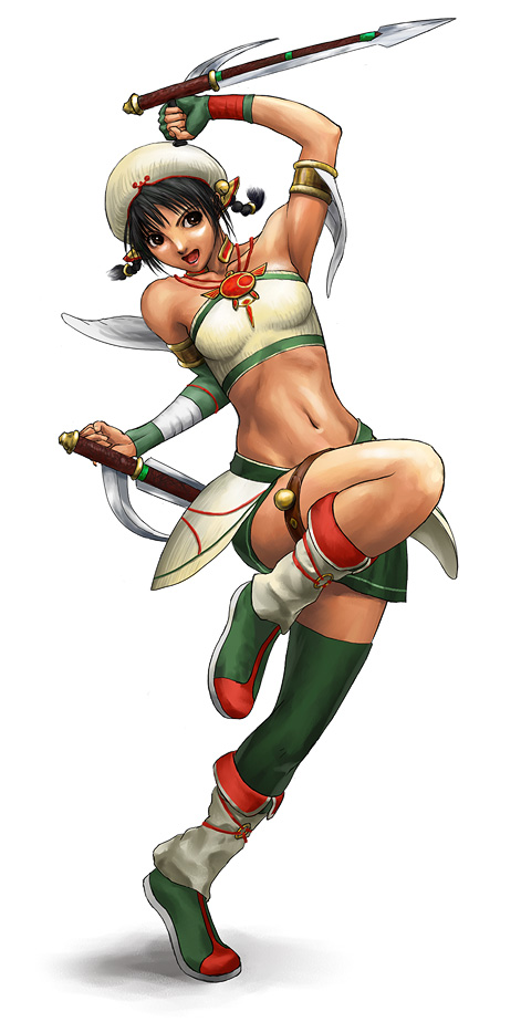 1girl alternate_costume armlet black_hair brown_eyes crop_top detached_sleeve dual_wielding full_body happy hat leg_lift micchii_(mitchiee) midriff navel open_mouth simple_background solo soul_calibur soulcalibur soulcalibur_iii talim thigh-highs tonfa twintails weapon white_background
