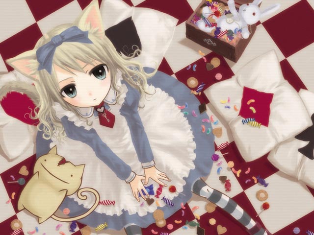 1girl alice_(wonderland) alice_in_wonderland animal_ears aqua_eyes blonde_hair candy cat_ears cat_tail checkered cheshire_cat cookie dress food from_above jelly_bean juliet_sleeves lollipop long_hair long_sleeves looking_at_viewer pillow puffy_sleeves striped striped_legwear stuffed_toy sweets tail white_rabbit