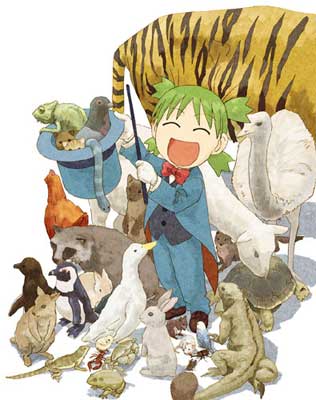 1girl ^_^ animal bird chameleon child closed_eyes frog happy koiwai_yotsuba lizard lowres magician open_mouth penguin pigeon quad_tails smile solo tiger turtle yotsubato!