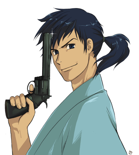 1boy gun gundou_musashi handgun japanese_clothes kimono lowres male_focus miyamoto_musashi revolver simple_background solo weapon yukata