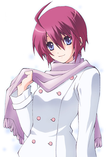 00s 1girl ahoge bangs blue_eyes blush buttons coat female gundam gundam_seed gundam_seed_destiny hair_between_eyes hand_up holding jacket light_smile long_sleeves looking_at_viewer lunamaria_hawke purple_hair scarf short_hair smile solo upper_body white_jacket