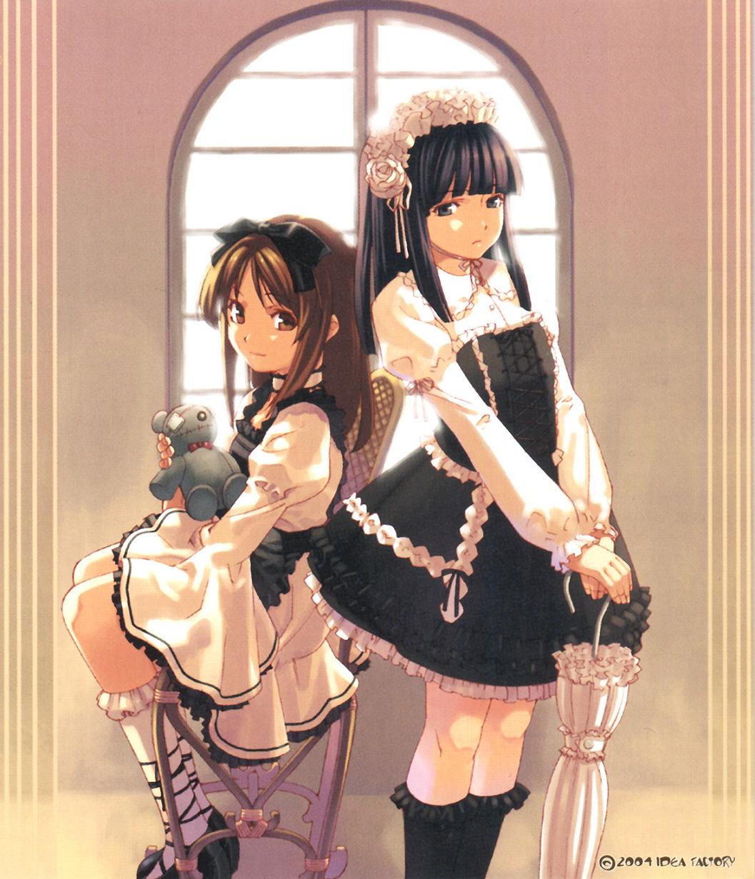 00s 2girls back-to-back backlighting bangs black_eyes black_hair black_legwear blunt_bangs bow bowtie breasts brown_eyes brown_hair chair choker company_name cross-laced_clothes cross-laced_footwear dated dress eyepatch female flower frilled_dress frills from_side frown gothic_lolita hair_bow hairband hands_together highres hirano_katsuyuki holding idea_factory indoors kneehighs light_smile lolita_fashion lolita_hairband long_hair long_sleeves looking_at_viewer multiple_girls official_art parted_bangs platform_footwear puffy_sleeves ribbon rose saitou_koyuki shoes short_dress sidelocks sitting small_breasts smile standing steady_x_study stuffed_animal stuffed_toy teddy_bear umbrella usui_haruka v_arms white_legwear white_rose wide_sleeves window