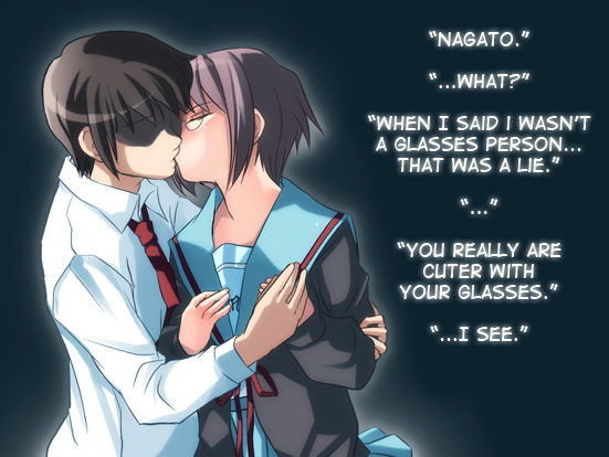 1boy 1girl glasses hard_translated hetero kiss kyon nagato_yuki suzumiya_haruhi_no_yuuutsu yuuji