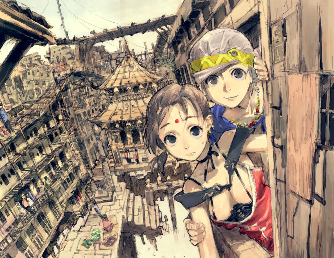 2girls blue_eyes breasts brown_hair city cityscape fantasy headband humi multiple_girls road scenery stairs street summer toi8