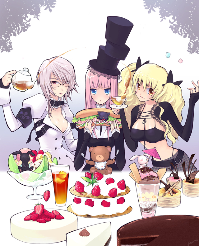 3girls alice_in_wonderland bangs blonde_hair blue_eyes blunt_bangs breasts brown_eyes cake choker decantering food fruit glasses gothic gradient gradient_background hat ice ice_cream ice_cube large_breasts long_hair long_sleeves mad_hatter medium_breasts midriff multiple_girls parfait pastry pink_hair plaid plaid_skirt pouring puffy_long_sleeves puffy_sleeves rabbit skirt strawberry stuffed_animal stuffed_toy sundae teapot teddy_bear top_hat twintails white_background