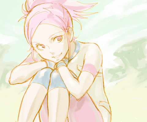 1girl :d anemone_(eureka_seven) eureka_seven eureka_seven_(series) knees_on_chest lowres open_mouth pale_color pink_eyes pink_hair ponytail shirt short_hair short_sleeves sitting smile solo teeth white_shirt