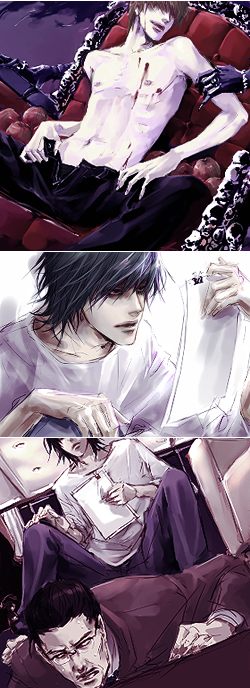 3boys arm_grab bags_under_eyes black_hair blood brown_hair chair death_note glasses hair_over_eyes l_(death_note) lily_(artist) male_focus multiple_boys open_fly paper realistic ryuk shirtless sitting skull unzipped yagami_light yagami_souichirou