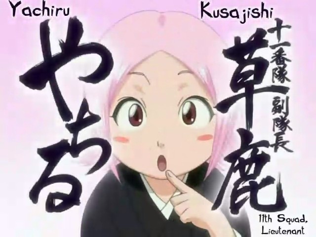 1girl :o bleach blush_stickers brown_eyes character_name hard_translated jpeg_artifacts kusajishi_yachiru looking_at_viewer open_mouth pink_hair pointing short_hair solo upper_body