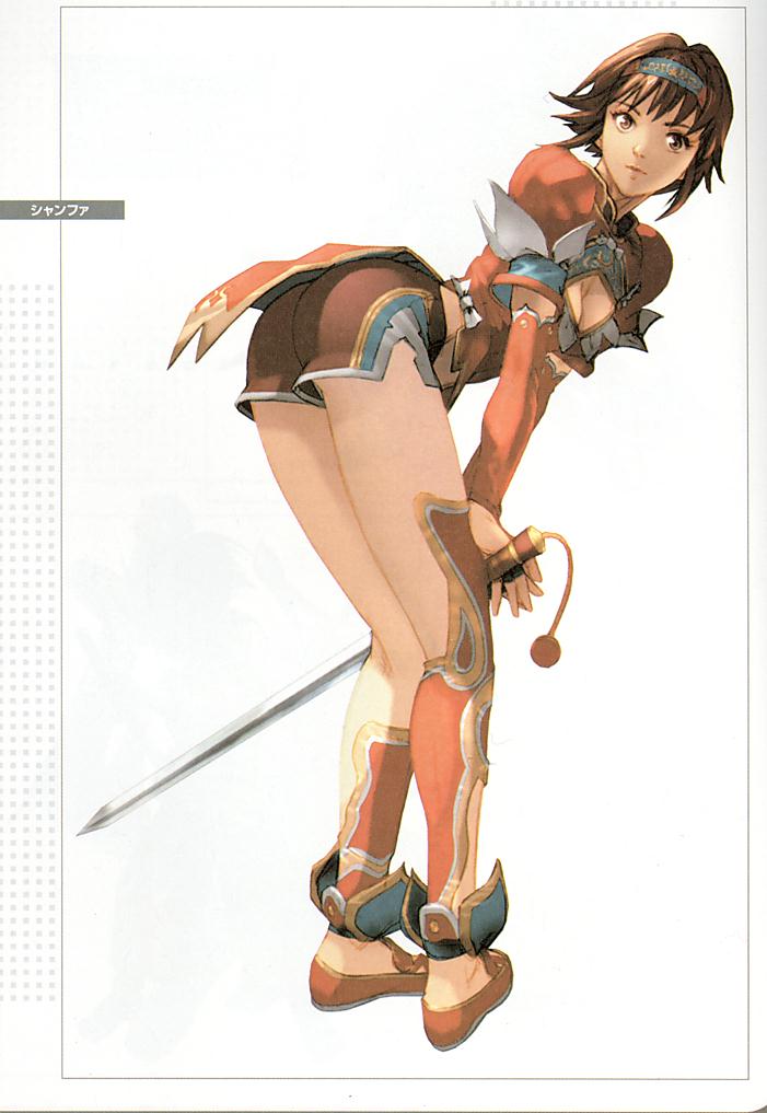 1girl alternate_costume ass bent_over breasts brown_hair chai_xianghua character_name cleavage cleavage_cutout detached_sleeves female from_behind full_body hairband japanese jian_(weapon) kawano_takuji medium_breasts official_art short_shorts shorts solo soul_calibur soulcalibur soulcalibur_ii sword weapon