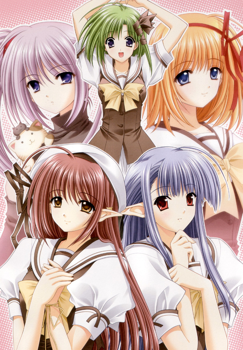 5girls :d :o ahoge bangs beret blue_eyes blue_hair brown_eyes brown_hair fuyou_kaede green_hair hair_ribbon hand_on_own_chin hands_together hat highres lisianthus looking_at_viewer multiple_girls nerine nishimata_aoi official_art open_mouth orange_eyes pointy_ears primula red_eyes ribbon school_uniform shigure_asa shuffle! smile stuffed_animal stuffed_toy suzuhira_hiro violet_eyes whiskers