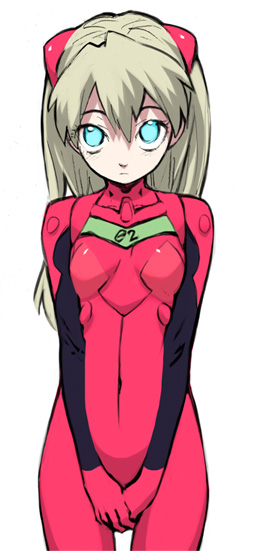 1girl alternate_hair_color bangs blonde_hair blue_eyes bodysuit breasts covered_navel covering covering_crotch cowboy_shot frown gloves hair_between_eyes hands_together headgear light_brown_hair long_hair looking_at_viewer neon_genesis_evangelion nishieda no_pupils number plugsuit redhead silver_hair simple_background small_breasts solo souryuu_asuka_langley standing turtleneck v_arms white_background