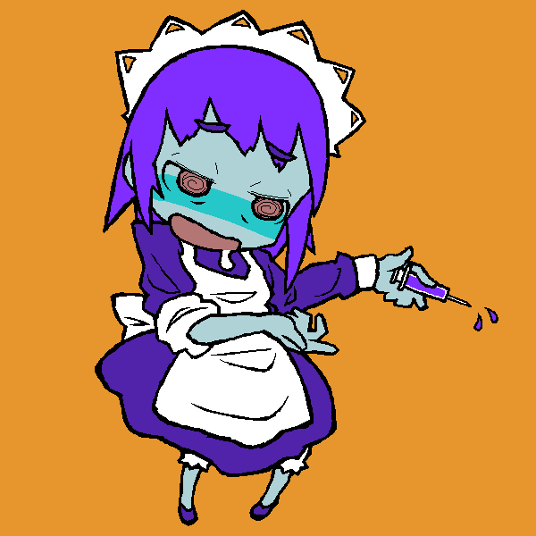 1girl @_@ aliasing apron blue_dress blue_skin crazy_eyes dress dripping full_body futaba_channel liquid nijiura_maids orange_background purple_hair red_eyes short_hair simple_background solo syringe yakui yellow_background