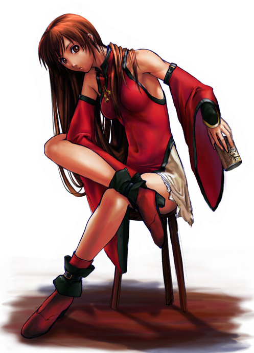 1girl alcohol arc_system_works bare_shoulders beer boots brown_eyes brown_hair can chair china_dress chinese_clothes detached_sleeves dress guilty_gear kuradoberi_jam legs_crossed long_hair micchii_(mitchiee) mitchiee sitting solo stool