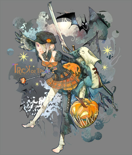 1girl artist_request bandage bat halloween jack-o'-lantern orange_skirt plaid plaid_skirt pumpkin skirt solo sword trick_or_treat weapon