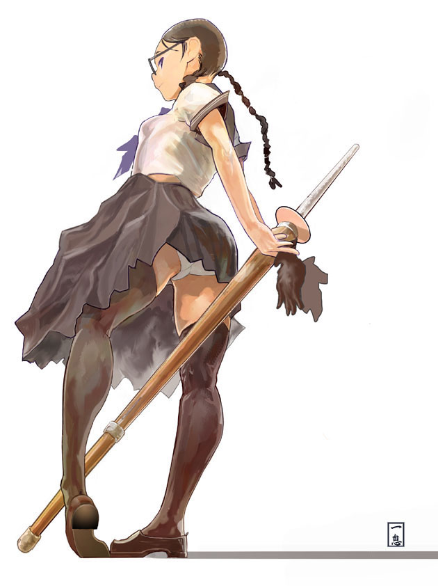 1girl back black_legwear blue_eyes braid brown_hair from_below glasses long_hair looking_back original panties pantyshot pantyshot_(standing) ribbon school_uniform serafuku shinai shoes skirt solo standing sword thigh-highs trefoil twin_braids underwear upskirt weapon white_panties