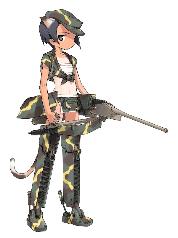 1girl animal_ears backpack bag black_hair camouflage cat_ears cat_tail crop_top digital_bs_tuners fanny_pack flat_chest front-tie_top fundoshi grey_eyes ground_vehicle gun hat holding imperial_japanese_army japanese_clothes konami_mecha_musume looking_at_viewer looking_back mecha_musume midriff military military_vehicle motor_vehicle navel one-piece_tan open_clothes open_shirt original profile sarashi shimada_fumikane shirt short_hair simple_background solo standing tail tan tank tanline tied_shirt type_95_ha-go vehicle weapon world_war_ii