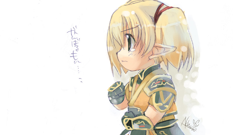 1girl angry blonde_hair final_fantasy final_fantasy_xi gloves monk monk_(final_fantasy) naruse_chisato pointy_ears ponytail short_hair signature solo tarutaru tears