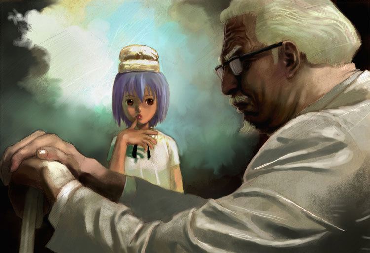 1boy 1girl beard bisuke-tan black-framed_eyewear black-framed_glasses blue_hair blurry_background can colonel_sanders expressionless facial_hair finger_to_mouth food food_on_head from_side glasses goatee kfc lips long_sleeves looking_at_another mustache neck_ribbon object_on_head older profile ribbon short_hair short_sleeves walking_stick white_hair