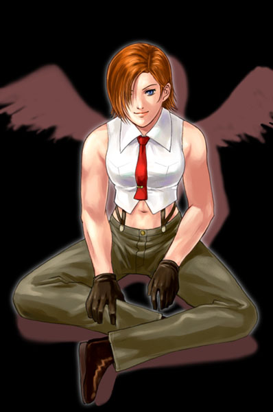 1girl blue_eyes gloves king_of_fighters muscle necktie redhead short_hair snk solo suspenders the_king_of_fighters toned vanessa_(king_of_fighters)