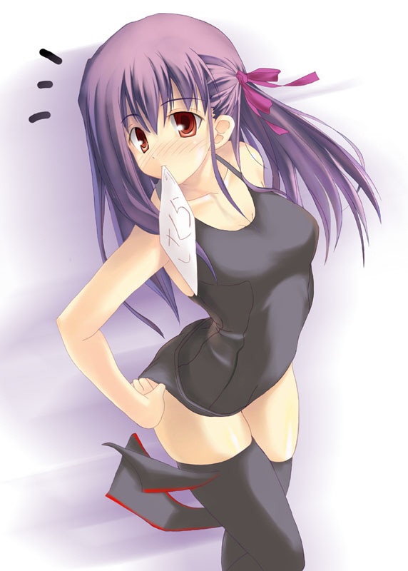 /\/\/\ 1girl adjusting_clothes adjusting_swimsuit arched_back blush breasts cleavage fate/stay_night fate_(series) hair_ribbon leaning_forward matou_sakura mouth_hold name_tag one-piece_swimsuit purple_hair red_eyes ribbon school_swimsuit soba_(saz) solo swimsuit thigh-highs zettai_ryouiki