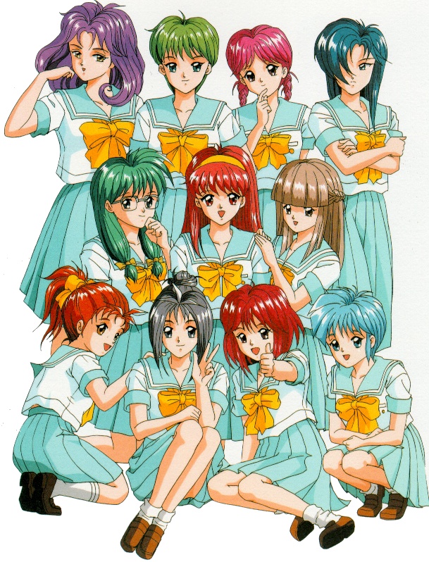 6+girls 90s aqua_hair asahina_yuko blonde_hair blue_eyes blue_skirt blush bow brown_hair character_request everyone footwear from_behind fujisaki_shiori glasses green_eyes green_hair hair_ornament hair_over_one_eye hairband half_updo himoo_yuina kagami_mira katagiri_ayako kisaragi_mio kiyokawa_nozomi kokura_masashi konami koshiki_yukari long_hair low-tied_long_hair mikihara_megumi multiple_girls nijino_saki official_art oldschool orange_hair pink_hair pleated_skirt ponytail purple_hair redhead ribbon saotome_yumi scan school_uniform serafuku shoes short_hair skirt smile socks squatting standing thumbs_up tied_hair tokimeki_memorial tokimeki_memorial_1 v violet_eyes yellow_bow