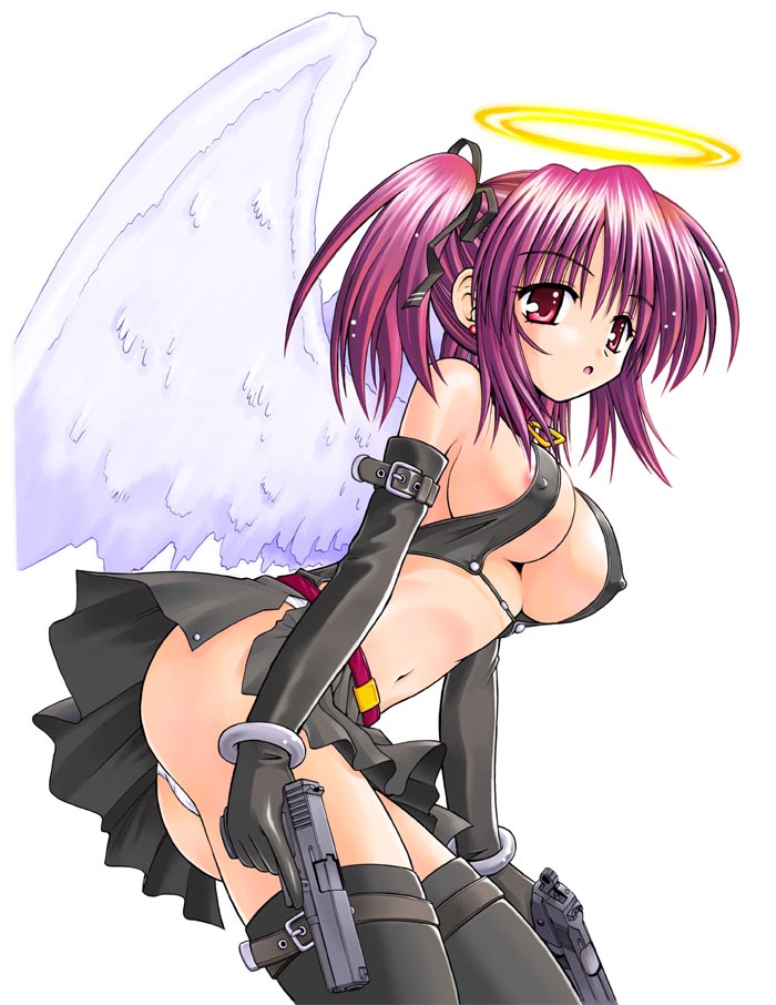 1girl angelical_pendulum black_legwear breasts cleavage cocked_hammer dual_wielding elbow_gloves glock gloves gun hair_ribbon handgun hands_on_hips hoshiyumi_chiseri large_breasts leaning_forward matra_milan midriff navel panties pantyshot pantyshot_(standing) pistol pleated_skirt red_eyes redhead ribbon semiautomatic short_hair short_twintails sideboob skirt solo standing thigh-highs twintails under_boob underwear upskirt weapon white_panties wings