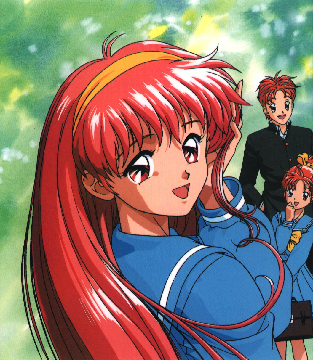 1boy 2girls 90s fujisaki_shiori hairband highres kokura_masashi konami multiple_girls official_art oldschool redhead saotome_yoshio saotome_yumi scan school_uniform serafuku tokimeki_memorial tokimeki_memorial_1