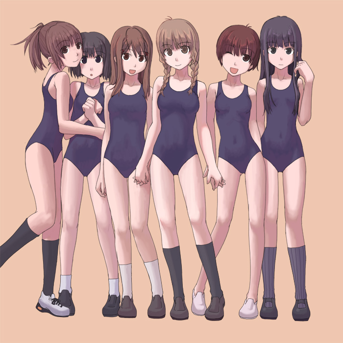 6+girls futami_eriko hoshino_yuumi kimi_kiss mizusawa_mao multiple_girls one-piece_swimsuit sakino_asuka satonaka_narumi school_swimsuit shijou_mitsuki socks swimsuit
