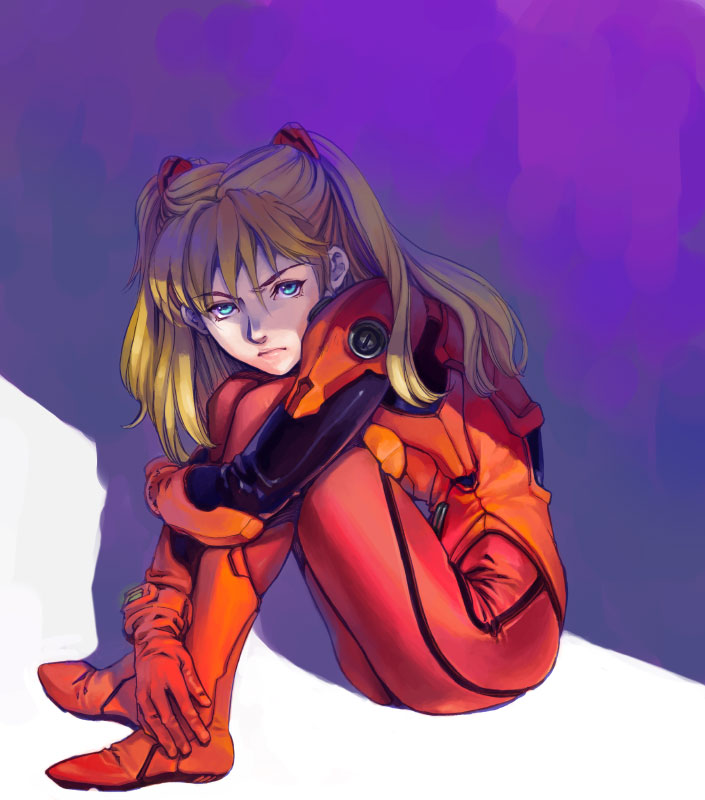 &gt;:( 1girl angry aqua_eyes bangs blonde_hair blue_eyes bodysuit brown_hair crossed_arms from_side frown full_body gloves hair_ornament leg_hug lips long_hair looking_at_viewer neon_genesis_evangelion plugsuit realistic redhead shade shadow sitting solo souryuu_asuka_langley two_side_up