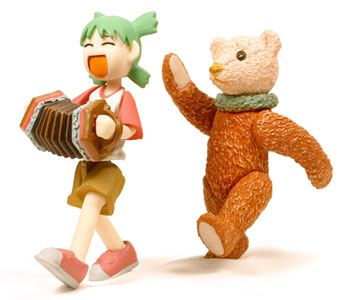 1girl ^_^ accordion bear child closed_eyes duralumin figure green_hair happy instrument koiwai_yotsuba lowres open_mouth photo quad_tails raglan_sleeves shirt shoes short_hair shorts simple_background smile sneakers solo stuffed_animal stuffed_toy t-shirt teddy_bear white_background yotsubato!