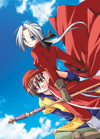 1boy 1girl angelo blue_eyes blue_sky blush brown_hair dragon_quest dragon_quest_viii hair_between_eyes head_tilt hero_(dq8) holding holding_weapon hug indian_style kukuru_(dq8) long_hair lowres outdoors polearm ponytail red_eyes rod silver_hair sitting sky smile square_enix staff standing weapon