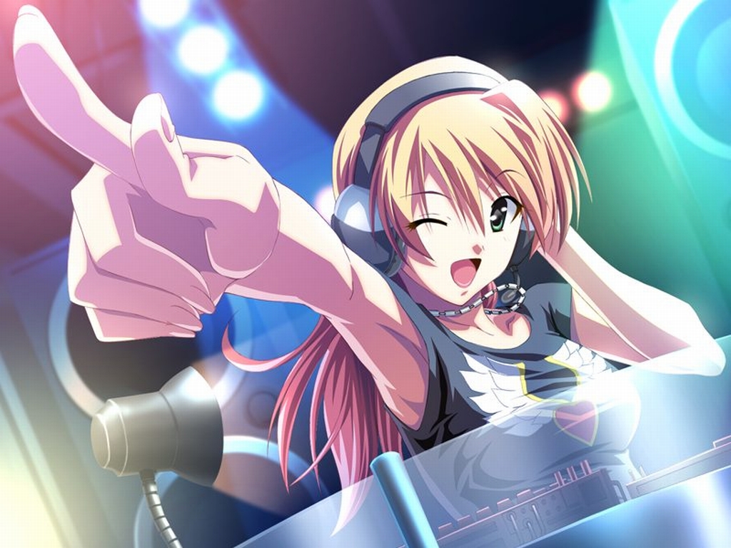 1girl :d armpits blonde_hair collarbone dj dutch_angle female finger_pointing foreshortening game_cg green_eyes hand_on_ear headphones ichinose_kyou imitation_lover izumi_mahiru jewelry long_hair looking_at_viewer necklace one_eye_closed open_mouth pointing shirt smile solo speaker spotlight upper_body wallpaper wink